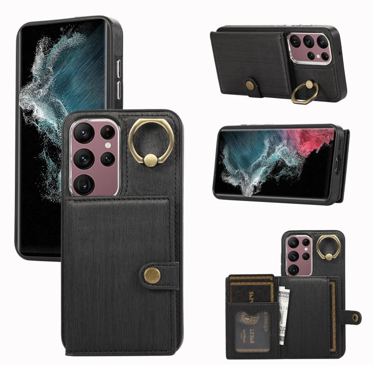 Custodia per telefono con supporto per anello a portafoglio con texture spazzolata, For Samsung Galaxy Galaxy S22 Ultra 5G, For Samsung Galaxy Galaxy S22+ 5G, For Samsung Galaxy Galaxy S22 5G