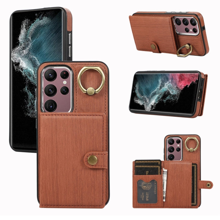 Custodia per telefono con supporto per anello a portafoglio con texture spazzolata, For Samsung Galaxy Galaxy S22 Ultra 5G, For Samsung Galaxy Galaxy S22+ 5G, For Samsung Galaxy Galaxy S22 5G