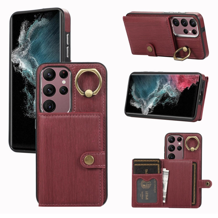Custodia per telefono con supporto per anello a portafoglio con texture spazzolata, For Samsung Galaxy Galaxy S22 Ultra 5G, For Samsung Galaxy Galaxy S22+ 5G, For Samsung Galaxy Galaxy S22 5G