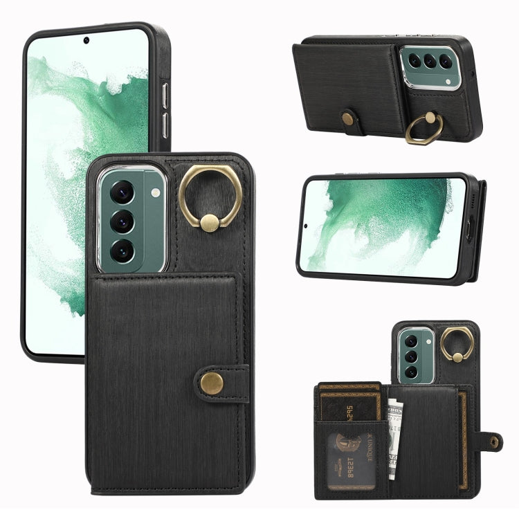 Custodia per telefono con supporto per anello a portafoglio con texture spazzolata, For Samsung Galaxy Galaxy S22 Ultra 5G, For Samsung Galaxy Galaxy S22+ 5G, For Samsung Galaxy Galaxy S22 5G