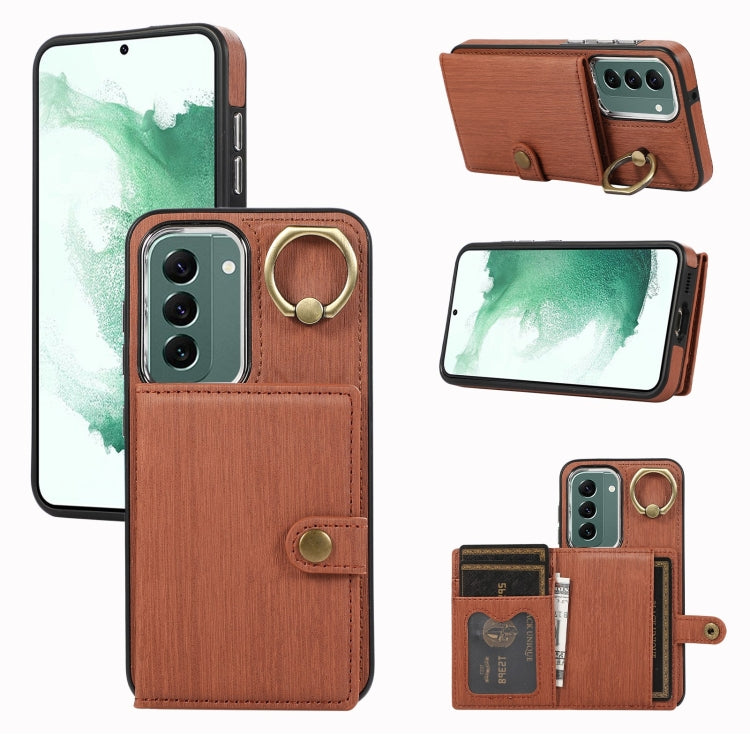 Custodia per telefono con supporto per anello a portafoglio con texture spazzolata, For Samsung Galaxy Galaxy S22 Ultra 5G, For Samsung Galaxy Galaxy S22+ 5G, For Samsung Galaxy Galaxy S22 5G