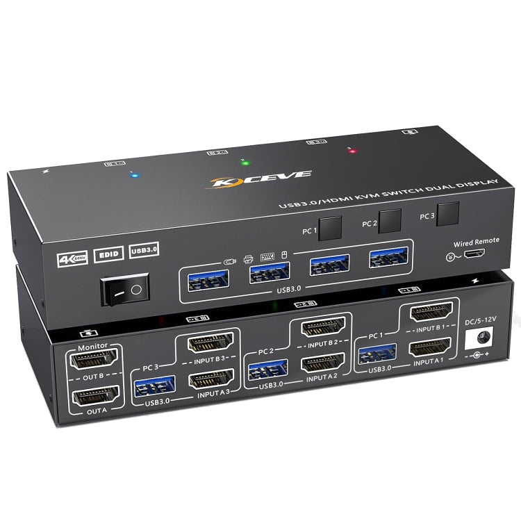 KC-KVM302AS Switch KVM a doppio monitor USB 3.0/HDMI 4K 60 Hz, EU Plug