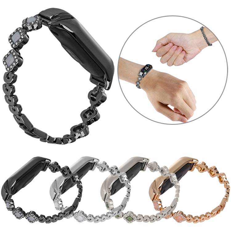 Cinturino per orologio in metallo con diamanti e quadrifoglio, For Xiaomi Mi Band 8, For Xiaomi Mi Band 7, For Xiaomi Mi Band 6 / 5