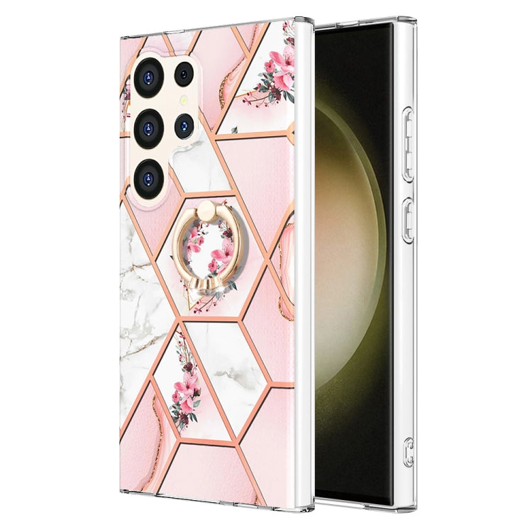 Custodia antiurto in TPU con motivo floreale in marmo con giunzione galvanica con supporto per anello con strass, For Samsung Galaxy S25 Ultra 5G, For Samsung Galaxy S24 Ultra 5G, For Samsung Galaxy S24+ 5G, For Samsung Galaxy S24 5G