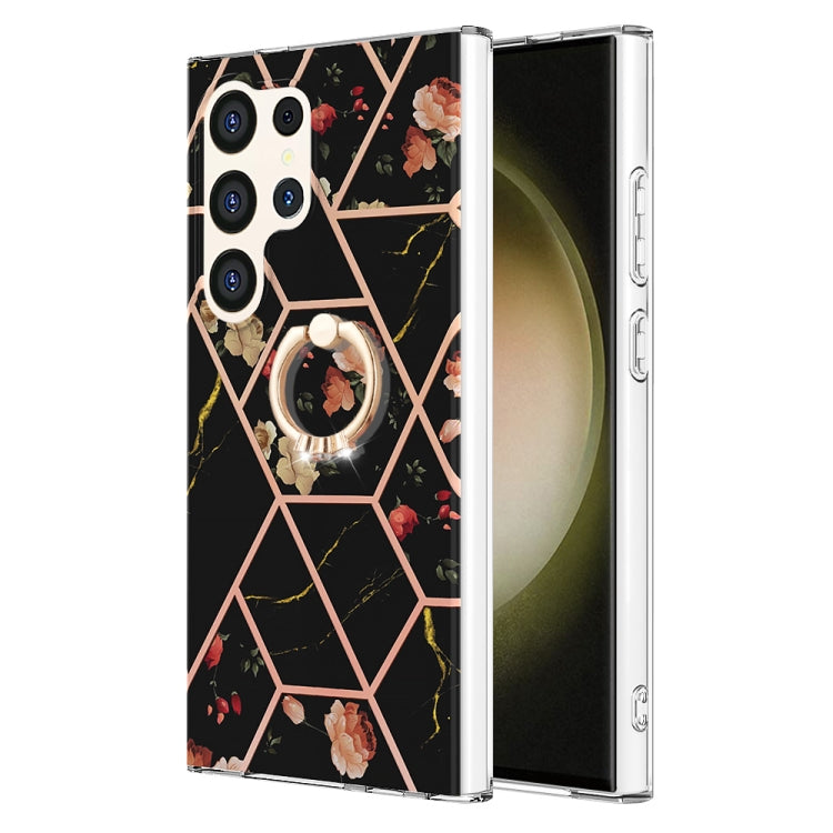 Custodia antiurto in TPU con motivo floreale in marmo con giunzione galvanica con supporto per anello con strass, For Samsung Galaxy S25 Ultra 5G, For Samsung Galaxy S24 Ultra 5G, For Samsung Galaxy S24+ 5G, For Samsung Galaxy S24 5G