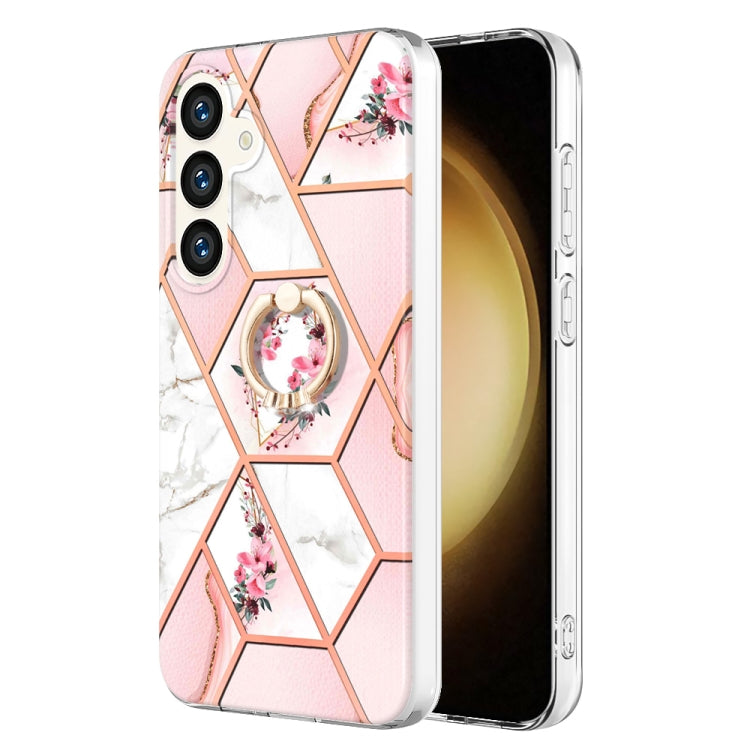 Custodia antiurto in TPU con motivo floreale in marmo con giunzione galvanica con supporto per anello con strass, For Samsung Galaxy S25 Ultra 5G, For Samsung Galaxy S24 Ultra 5G, For Samsung Galaxy S24+ 5G, For Samsung Galaxy S24 5G