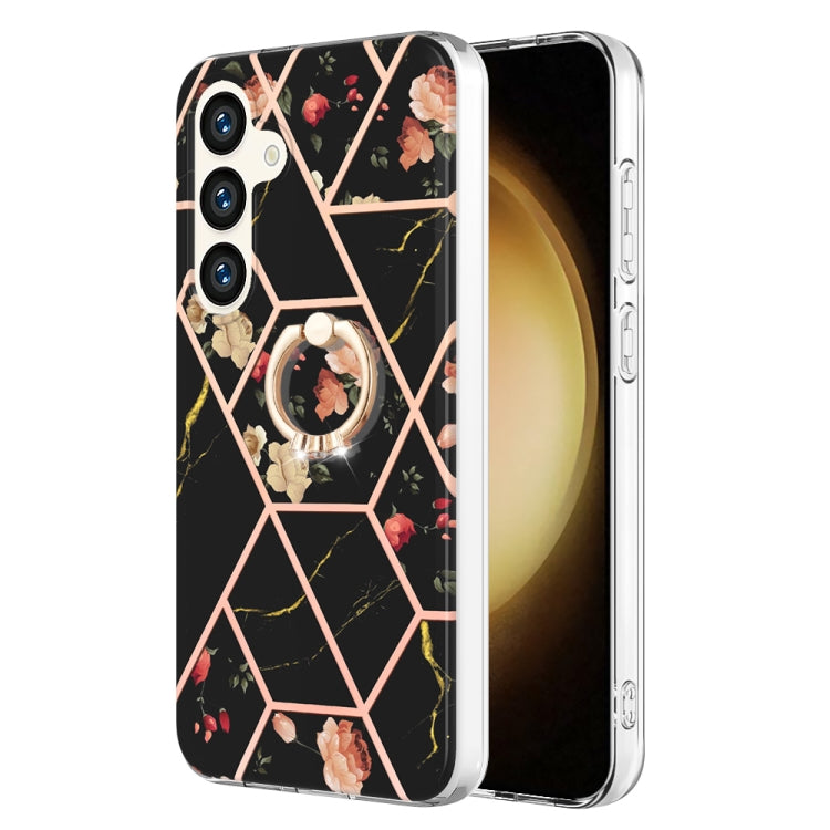 Custodia antiurto in TPU con motivo floreale in marmo con giunzione galvanica con supporto per anello con strass, For Samsung Galaxy S25 Ultra 5G, For Samsung Galaxy S24 Ultra 5G, For Samsung Galaxy S24+ 5G, For Samsung Galaxy S24 5G