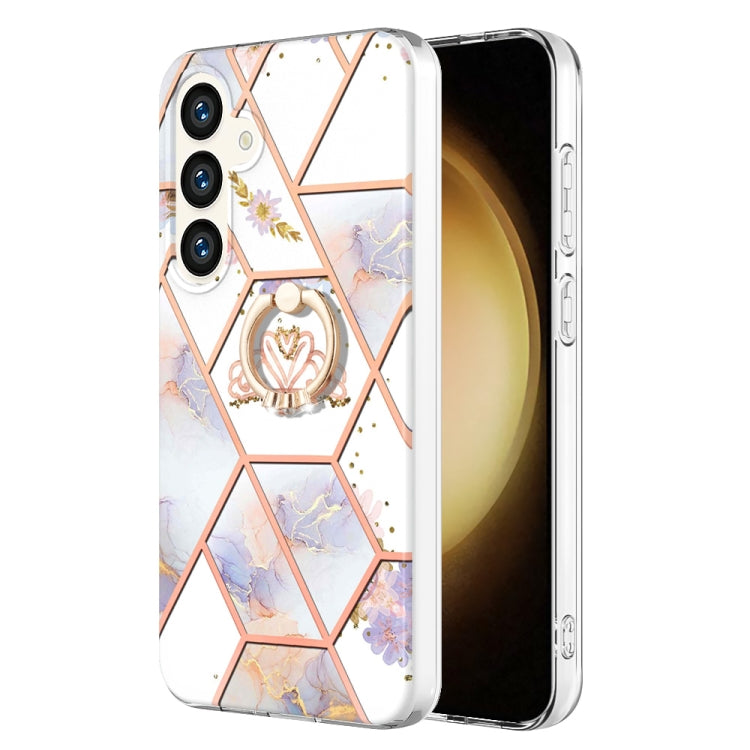 Custodia antiurto in TPU con motivo floreale in marmo con giunzione galvanica con supporto per anello con strass, For Samsung Galaxy S25 Ultra 5G, For Samsung Galaxy S24 Ultra 5G, For Samsung Galaxy S24+ 5G, For Samsung Galaxy S24 5G