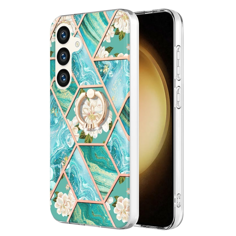 Custodia antiurto in TPU con motivo floreale in marmo con giunzione galvanica con supporto per anello con strass, For Samsung Galaxy S25 Ultra 5G, For Samsung Galaxy S24 Ultra 5G, For Samsung Galaxy S24+ 5G, For Samsung Galaxy S24 5G