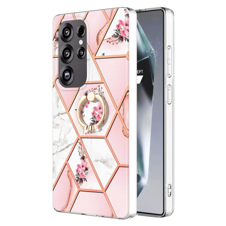 Custodia antiurto in TPU con motivo floreale in marmo con giunzione galvanica con supporto per anello con strass, For Samsung Galaxy S25 Ultra 5G, For Samsung Galaxy S24 Ultra 5G, For Samsung Galaxy S24+ 5G, For Samsung Galaxy S24 5G