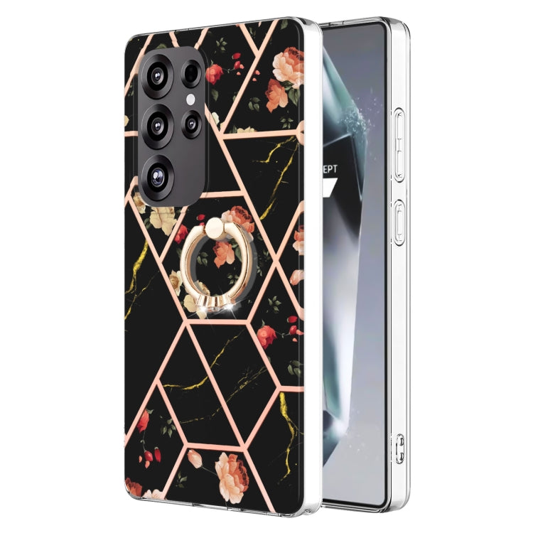 Custodia antiurto in TPU con motivo floreale in marmo con giunzione galvanica con supporto per anello con strass, For Samsung Galaxy S25 Ultra 5G, For Samsung Galaxy S24 Ultra 5G, For Samsung Galaxy S24+ 5G, For Samsung Galaxy S24 5G