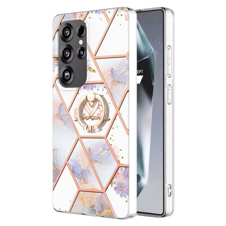 Custodia antiurto in TPU con motivo floreale in marmo con giunzione galvanica con supporto per anello con strass, For Samsung Galaxy S25 Ultra 5G, For Samsung Galaxy S24 Ultra 5G, For Samsung Galaxy S24+ 5G, For Samsung Galaxy S24 5G