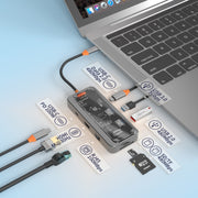 SW8V 8 in 1 da tipo C a 2xUSB-C+USB3.0+USB2.0+HDMI+RJ45+1xSD/TF Docking station HUB, SW8V