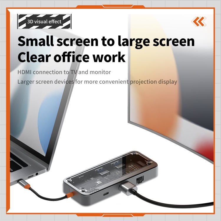 SW8V 8 in 1 da tipo C a 2xUSB-C+USB3.0+USB2.0+HDMI+RJ45+1xSD/TF Docking station HUB, SW8V
