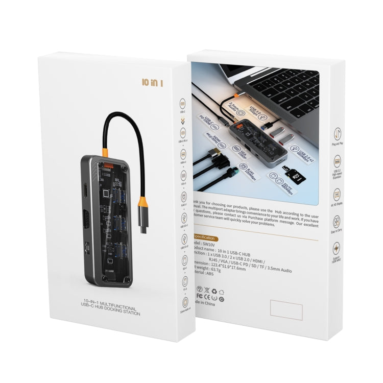 SW10V 10 in 1 da tipo C a PD+USB3.0+2xUSB2.0+HDMI+VGA+RJ45+1xSD/TF+Audio 3.5 HUB Docking Station, SW10V