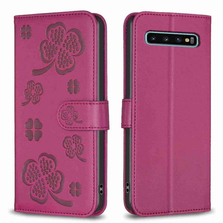 Custodia per telefono in pelle goffrata a quattro foglie, For Samsung Galaxy A50, For Samsung Galaxy S10+, For Samsung Galaxy S10, For Samsung Galaxy S9+