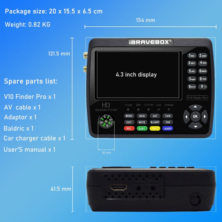 iBRAVEBOX V10 Finder Pro Display 4,3" Rilevatore Segnali Satellit