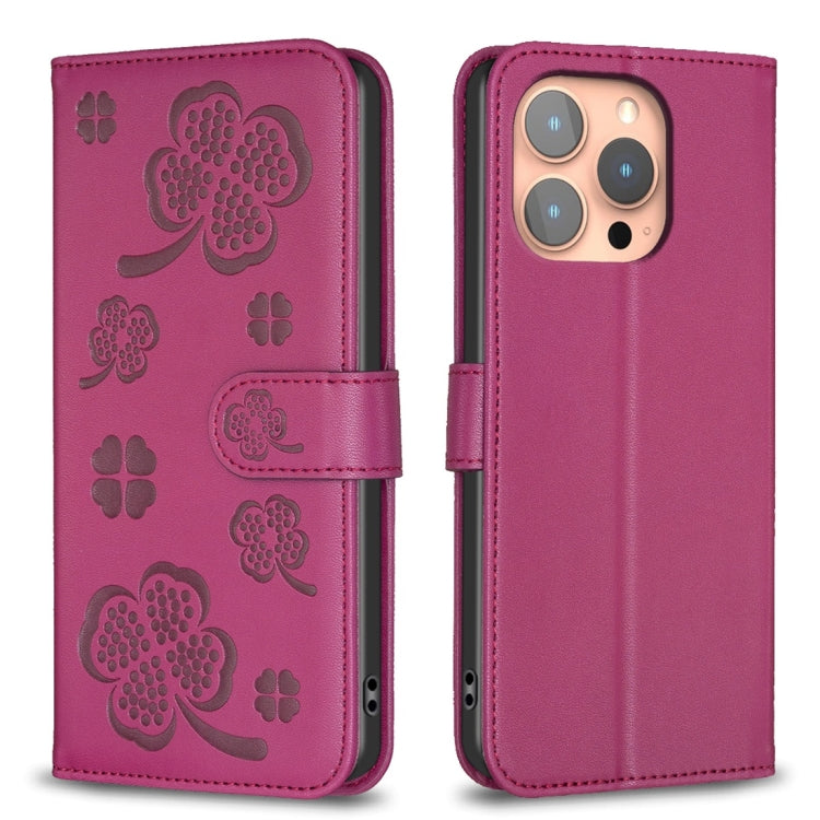Custodia per telefono in pelle goffrata a quattro foglie, For iPhone 15 Pro Max, For iPhone 15 Pro, For iPhone 15 Plus, For iPhone 15