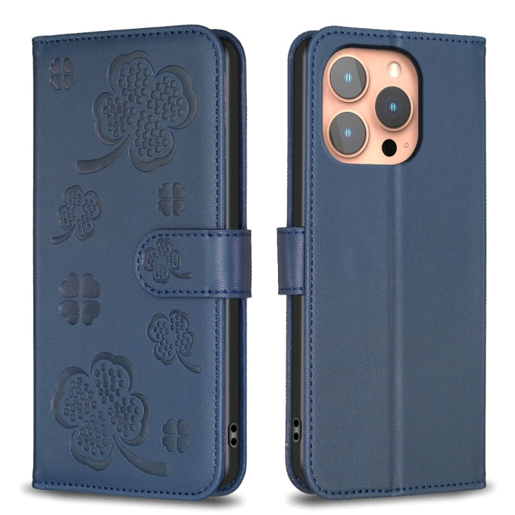 Custodia per telefono in pelle goffrata a quattro foglie, For iPhone 15 Pro Max, For iPhone 15 Pro, For iPhone 15 Plus, For iPhone 15