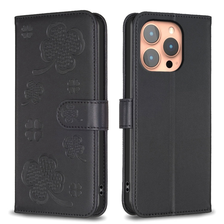 Custodia per telefono in pelle goffrata a quattro foglie, For iPhone 15 Pro Max, For iPhone 15 Pro, For iPhone 15 Plus, For iPhone 15