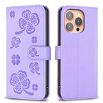 Custodia per telefono in pelle goffrata a quattro foglie, For iPhone 15 Pro Max, For iPhone 15 Pro, For iPhone 15 Plus, For iPhone 15