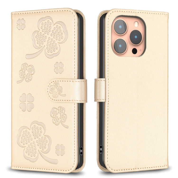 Custodia per telefono in pelle goffrata a quattro foglie, For iPhone 15 Pro Max, For iPhone 15 Pro, For iPhone 15 Plus, For iPhone 15