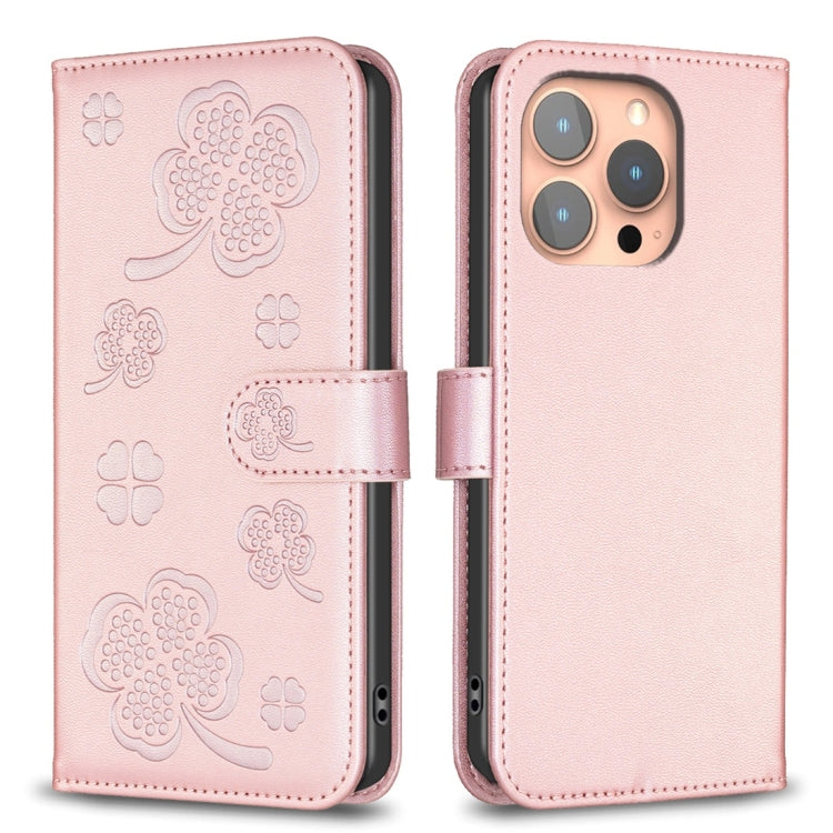 Custodia per telefono in pelle goffrata a quattro foglie, For iPhone 15 Pro Max, For iPhone 15 Pro, For iPhone 15 Plus, For iPhone 15