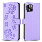 Custodia per telefono in pelle goffrata a quattro foglie, For iPhone 15 Pro Max, For iPhone 15 Pro, For iPhone 15 Plus, For iPhone 15