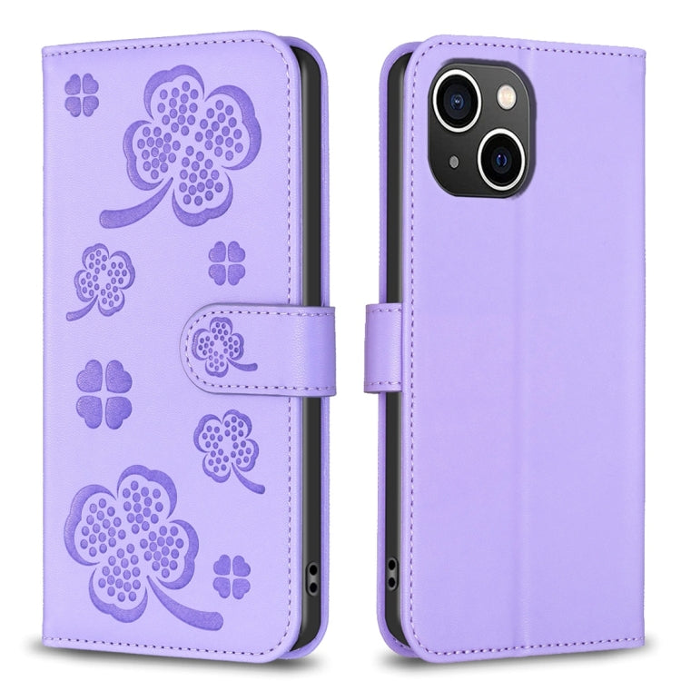 Custodia per telefono in pelle goffrata a quattro foglie, For iPhone 15 Pro Max, For iPhone 15 Pro, For iPhone 15 Plus, For iPhone 15