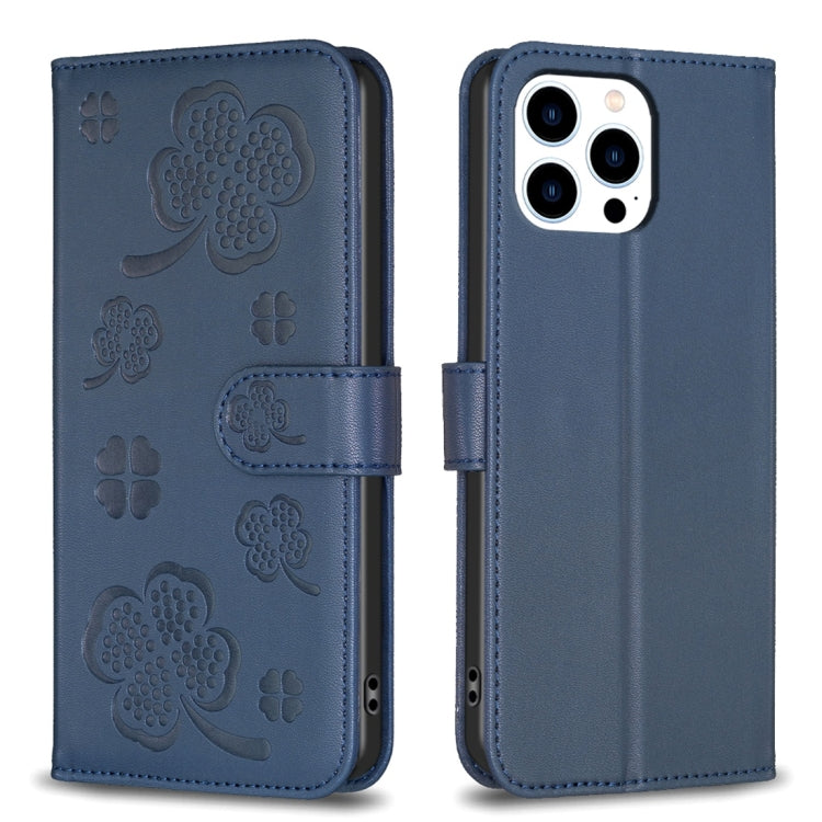 Custodia per telefono in pelle goffrata a quattro foglie, For iPhone 7 / 8 / SE 2022, For iPhone 13 Pro Max, For iPhone 13 Pro, For iPhone 13
