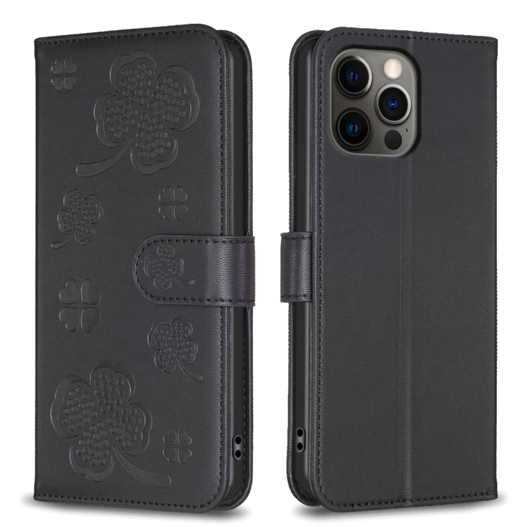 Custodia per telefono in pelle goffrata a quattro foglie, For iPhone 12 / 12 Pro, For iPhone 12 Pro Max, For iPhone 11 Pro Max, For iPhone 11