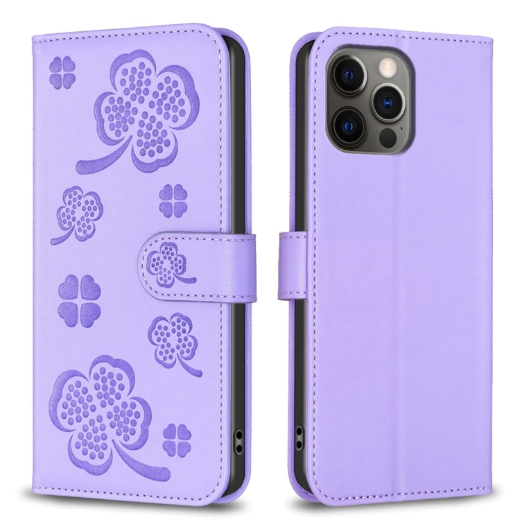 Custodia per telefono in pelle goffrata a quattro foglie, For iPhone 12 / 12 Pro, For iPhone 12 Pro Max, For iPhone 11 Pro Max, For iPhone 11