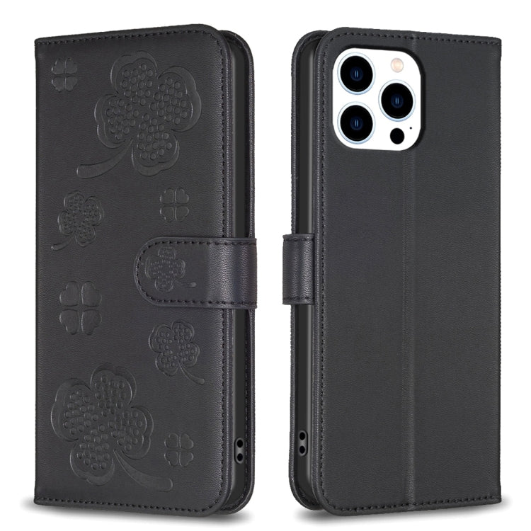 Custodia per telefono in pelle goffrata a quattro foglie, For iPhone 14 Plus, For iPhone 14, For iPhone 14 Pro, For iPhone 14 Pro Max