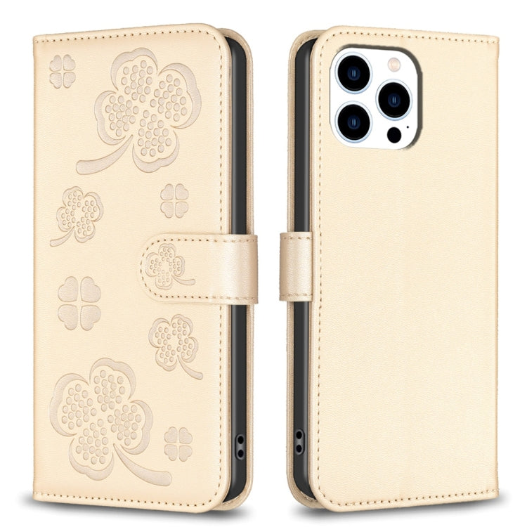 Custodia per telefono in pelle goffrata a quattro foglie, For iPhone 14 Plus, For iPhone 14, For iPhone 14 Pro, For iPhone 14 Pro Max