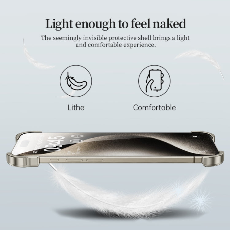 Custodia per telefono con cuscinetto angolare in metallo senza cornice con pellicola per lenti, For iPhone 15 Pro Max, For iPhone 15 Pro, For iPhone 15 Plus, For iPhone 15
