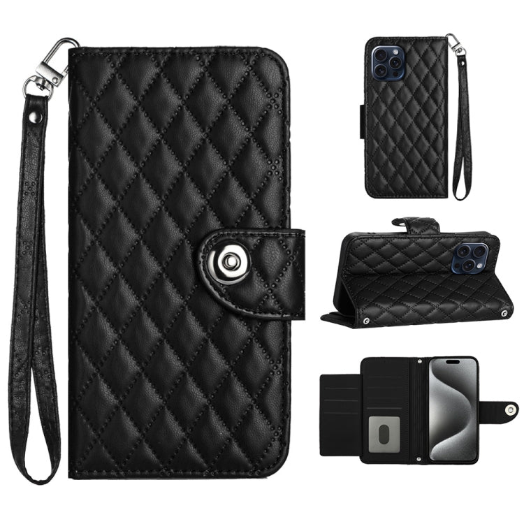 Custodia per cellulare in pelle con texture rombica con cordino, For iPhone 16, For iPhone 15 Pro Max, For iPhone 15 Pro, For iPhone 15 Plus