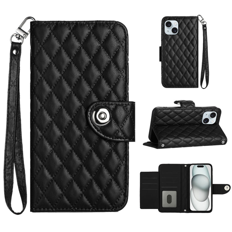 Custodia per cellulare in pelle con texture rombica con cordino, For iPhone 16, For iPhone 15 Pro Max, For iPhone 15 Pro, For iPhone 15 Plus