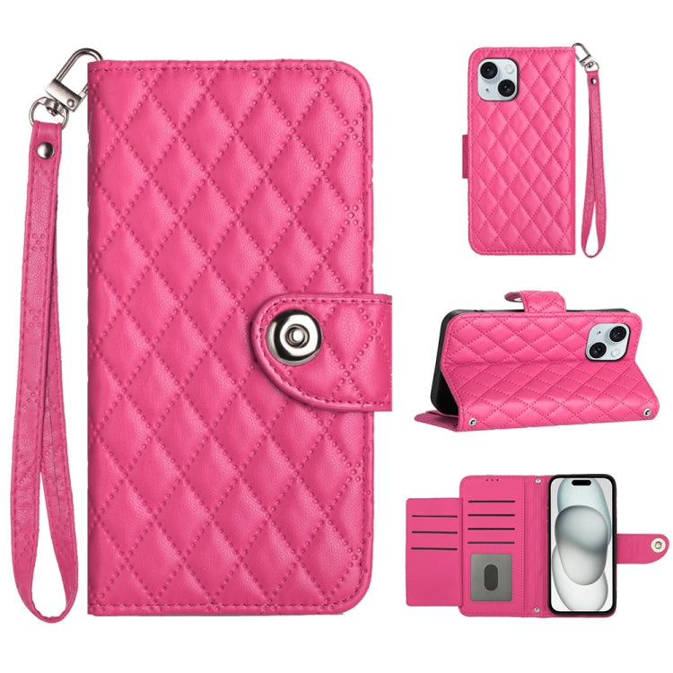 Custodia per cellulare in pelle con texture rombica con cordino, For iPhone 16, For iPhone 15 Pro Max, For iPhone 15 Pro, For iPhone 15 Plus