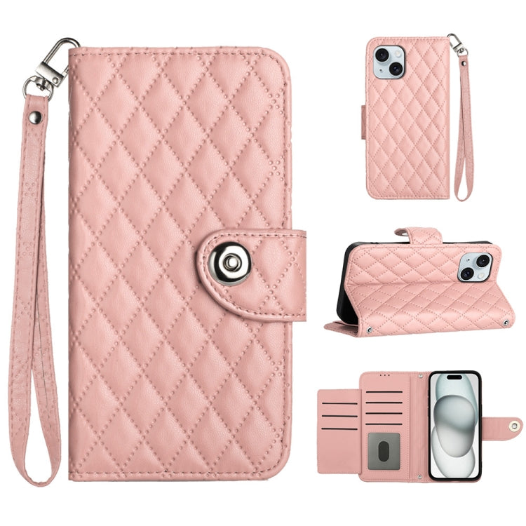 Custodia per cellulare in pelle con texture rombica con cordino, For iPhone 16, For iPhone 15 Pro Max, For iPhone 15 Pro, For iPhone 15 Plus