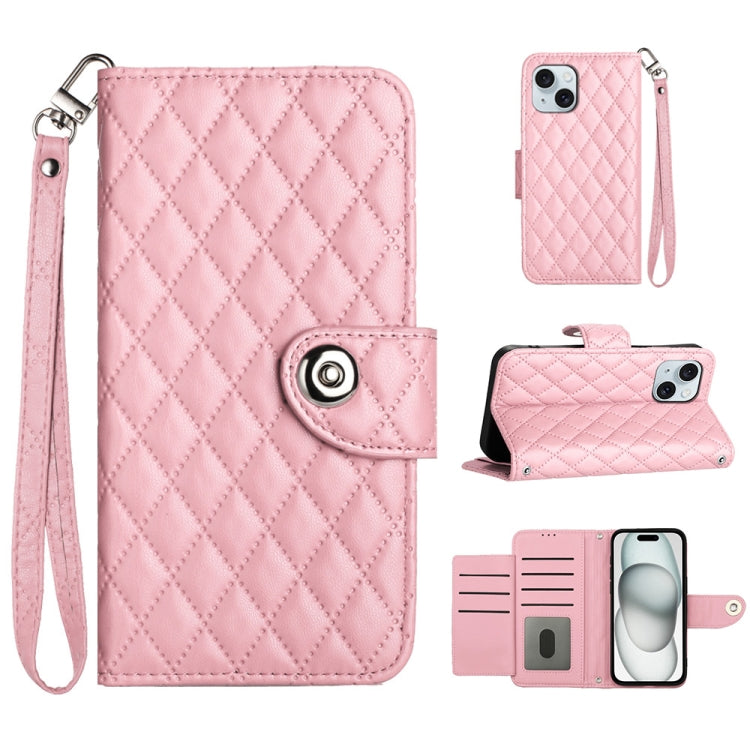 Custodia per cellulare in pelle con texture rombica con cordino, For iPhone 16, For iPhone 15 Pro Max, For iPhone 15 Pro, For iPhone 15 Plus