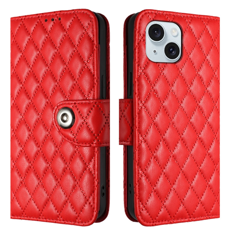 Custodia per cellulare in pelle con texture rombica con cordino, For iPhone 15, For iPhone 14 Plus, For iPhone 14, For iPhone 14 Pro