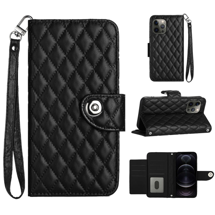 Custodia per cellulare in pelle con texture rombica con cordino, For iPhone 13, For iPhone 12 / 12 Pro, For iPhone 12 Pro Max, For iPhone 11 Pro Max