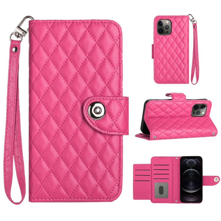 Custodia per cellulare in pelle con texture rombica con cordino, For iPhone 13, For iPhone 12 / 12 Pro, For iPhone 12 Pro Max, For iPhone 11 Pro Max