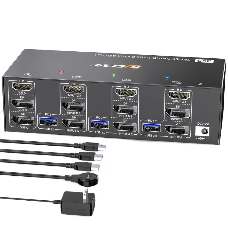 KC-KVM303DH Switch KVM per monitor tripli USB 3.0 DP+DP+HDMI 8K 60Hz, EU Plug, US Plug