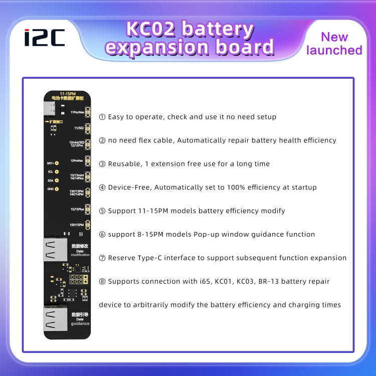 i2C KC02 Battery Data Repair Expansion Board Modifying Battery Efficiency for iPhone 11-15 Pro Max, KC02