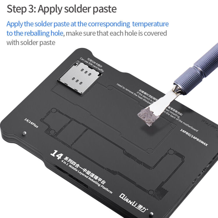 Piattaforma di reballing BGA a strato intermedio magnetico Qianli, For iPhone 15 Series, For iPhone 14 Series