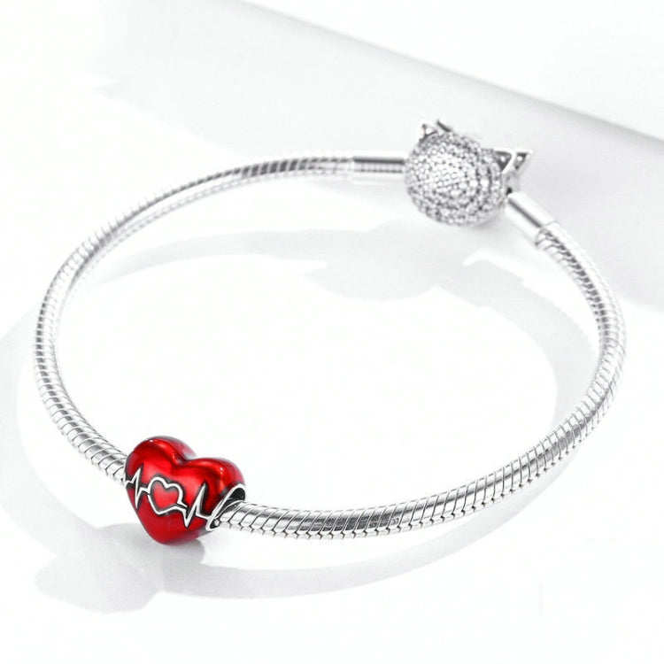 Ciondolo in argento sterling S925 Amore battito cardiaco Cuore rosso amore Illustrazione linea Perline Bracciale fai da te Accessori per collane