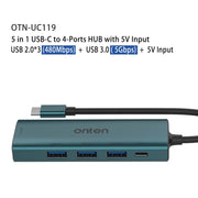 Onten UC119 HUB USB 5 in 1 da USB-C / Type-C a USB a 4 porte con ingresso 5V, UC119