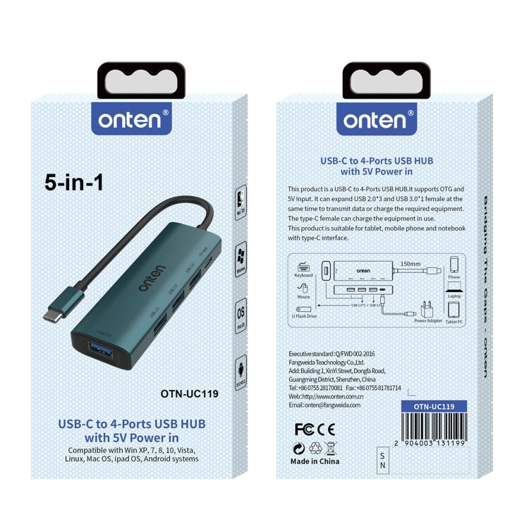 Onten UC119 HUB USB-C 5 in 1 con 4 porte USB-A