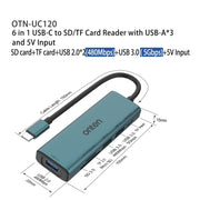 Onten UC120 Lettore di schede 6 in 1 da USB-C a SD/TF con HUB USB a 3 porte e ingresso 5V, UC120